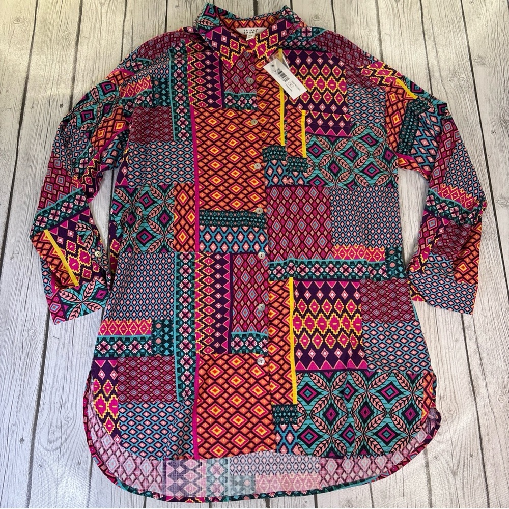 Tribal Sport Women’s M/M Limoncello Patchwork Button-Up Shirt Long Sleeves NWT.